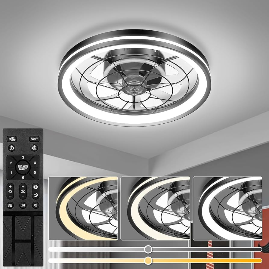 Low Profile Flush Mount Ceiling Fan, Small Modern Ceiling Fan with Light and Remote, Dimmable Bla... | Amazon (US)