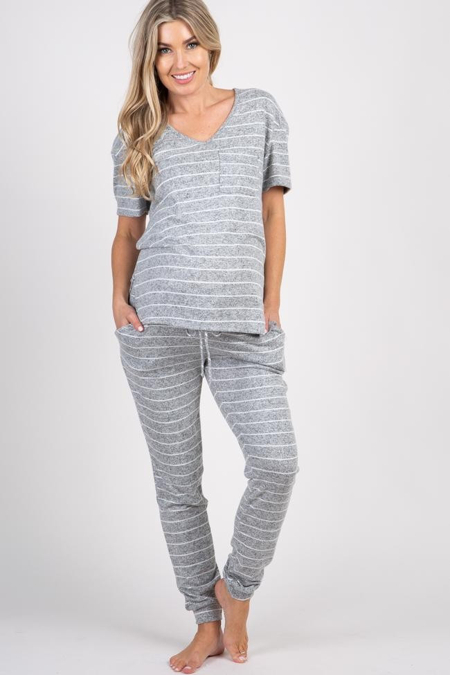 PinkBlush Heather Grey Striped Pocket Front Maternity Pajama Set | PinkBlush Maternity