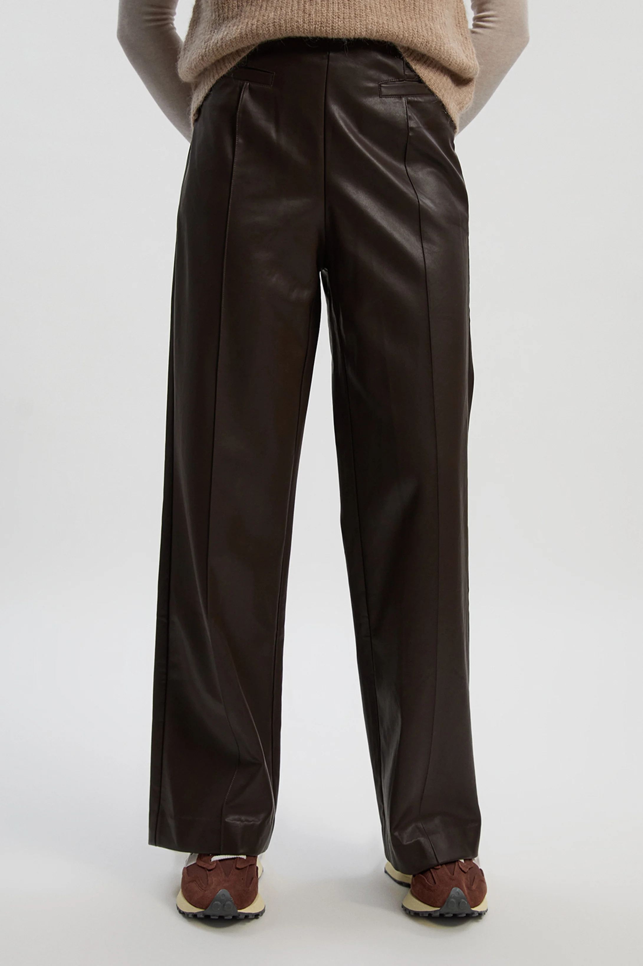Faux Leather Seam Detail Wide Leg Tailored Trouser | Karen Millen UK + IE + DE + NL