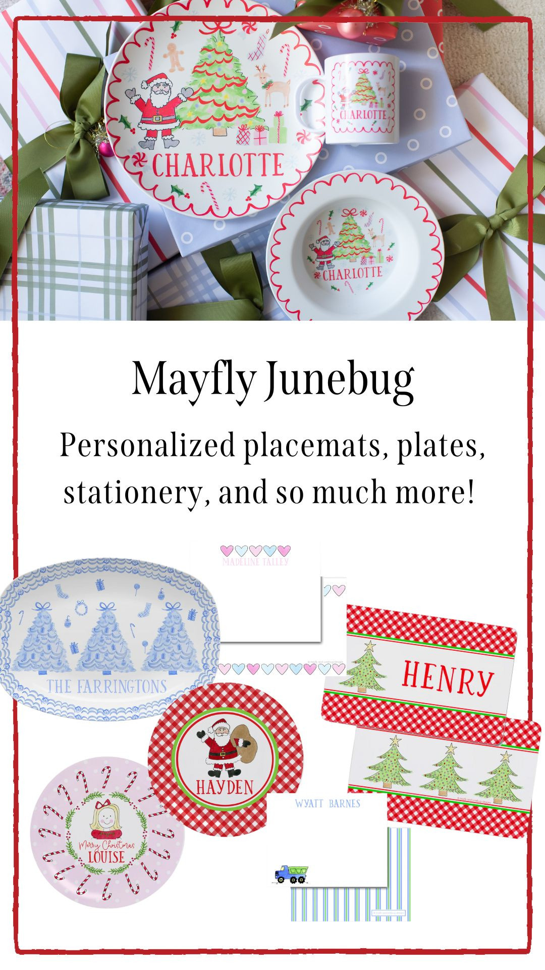Mayfly and Junebug! Cutest personalized placemats, plates, stationery, and so much more! 

 #LTKGiftGuide #LTKHoliday #LTKFindsUnder100