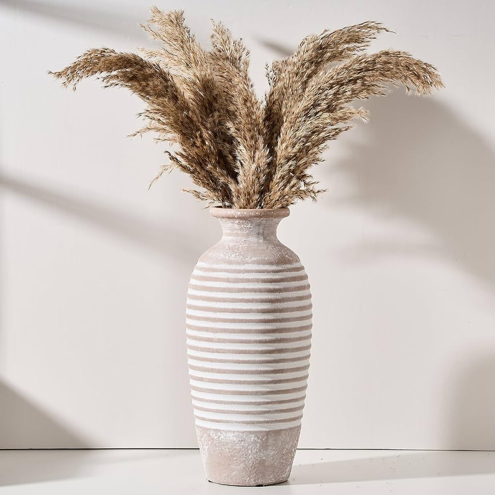 Ceramic Rustic Vase, Large Vintage Flower Vase, 14.4 Inch Threaded Decorative Vase, Farmhouse Tal... | Amazon (US)