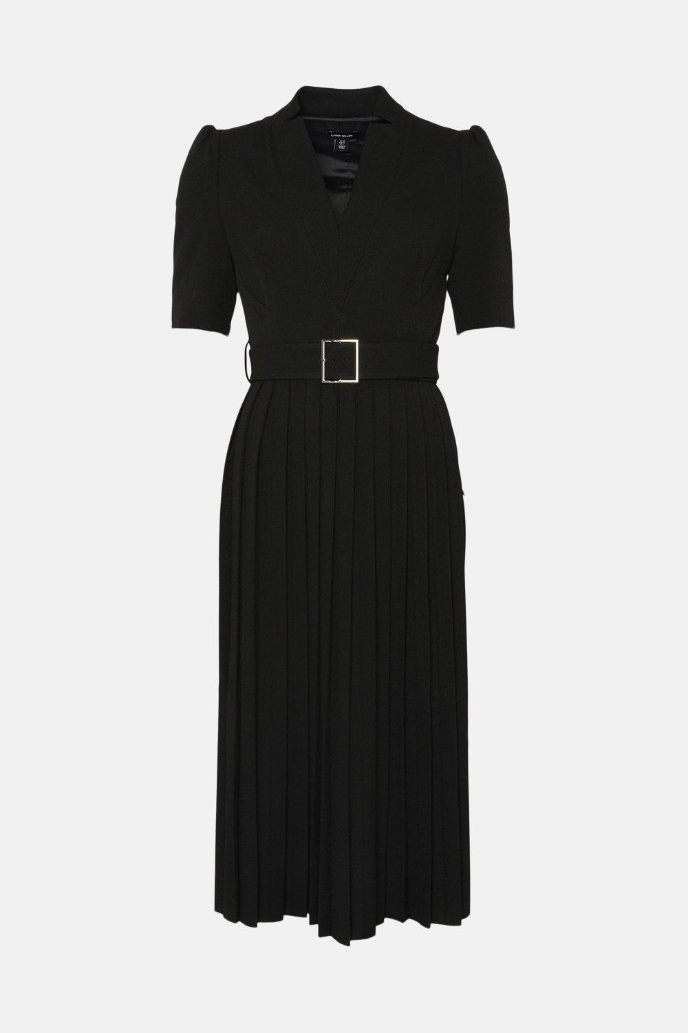Structured Crepe Forever Pleat Belted Dress | Karen Millen US