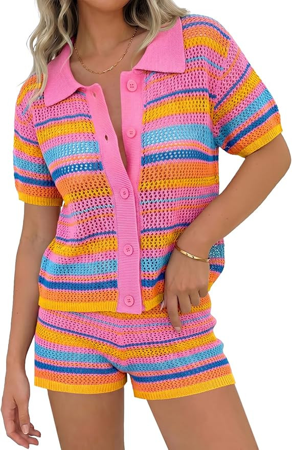 Tankaneo Womens 2 Piece Sweater Shorts Sets Knit Color Block Summer Outfits Short Sleeve Tops Cov... | Amazon (US)