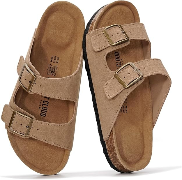 Project Cloud 100% Genuine Leather Flat Sandals For Women 2026 Cork Footbed Womens Sandals with M... | Amazon (US)