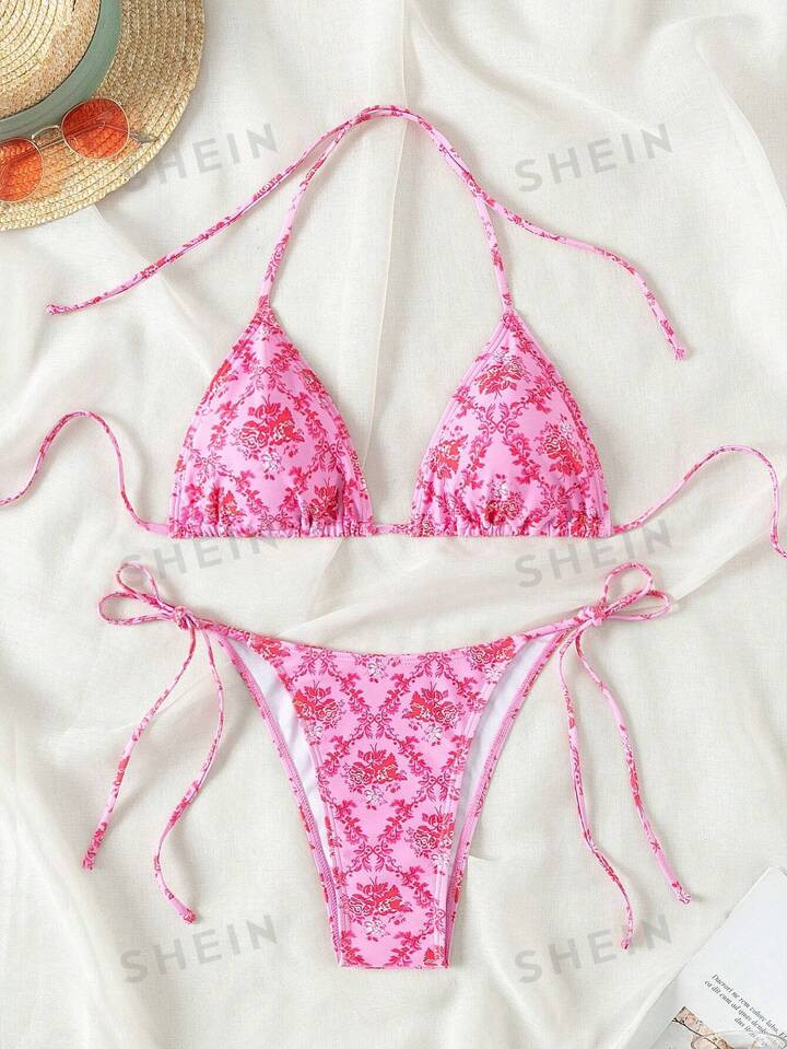 SHEIN Swim Summer Beach Ladies' Floral Print Halter Neck Bikini Set Valentine | SHEIN