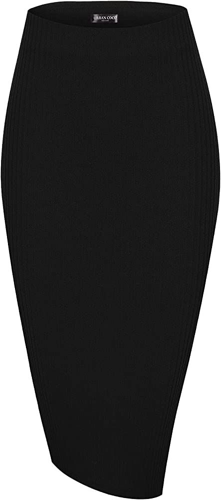 Urban Coco Elastic High Waist Knee Length Pencil Skirt Ribbed Knit Basic Tube Midi Skirt | Amazon (US)