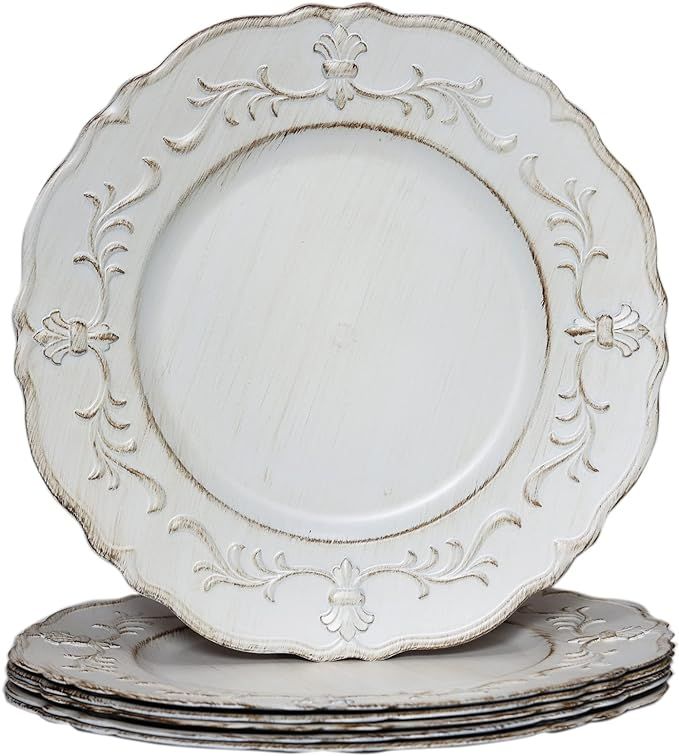 Spsyrine White Antique Charger Plate, 13" Embossed Plastic Table Plate Chargers for Dinner, Set o... | Amazon (US)