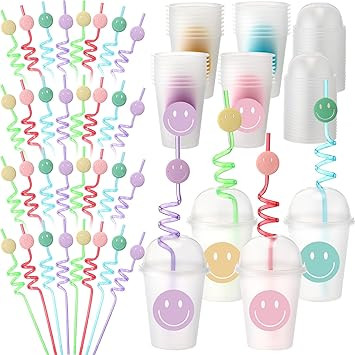 Yaomiao Smile Face Sipper Cups with Straws and Lids, 12 oz Clear Plastic Cups Happy Face Party Cu... | Amazon (US)