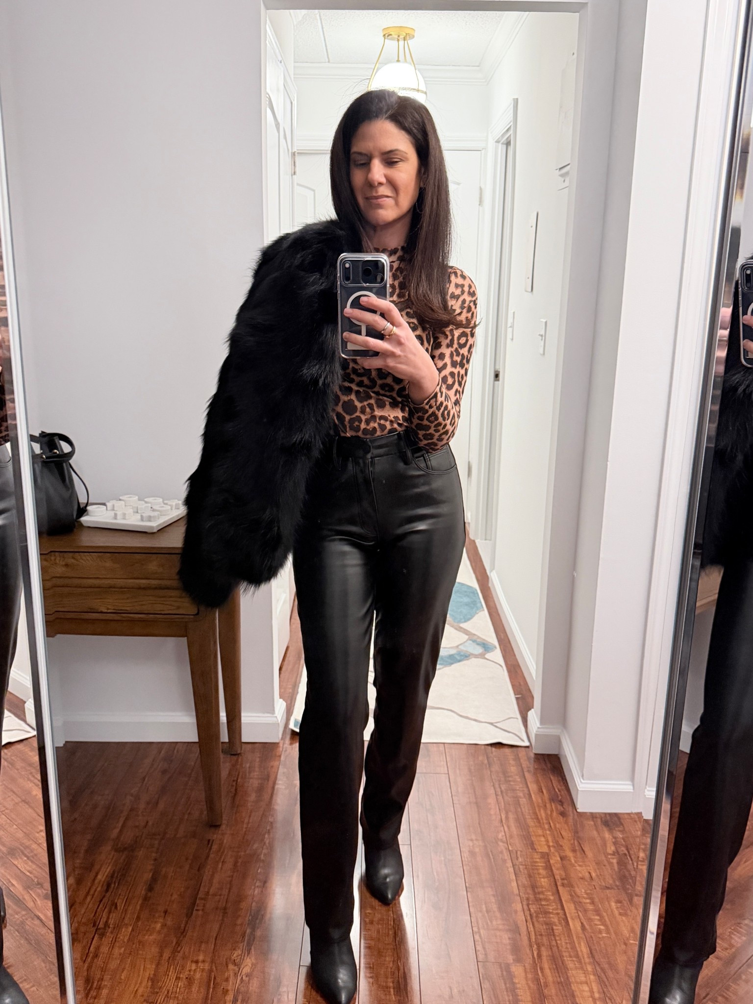 Leopard + leather = classic 
Medium in top, size 6 in pant

#LTKSeasonal #LTKOver40 #LTKootd