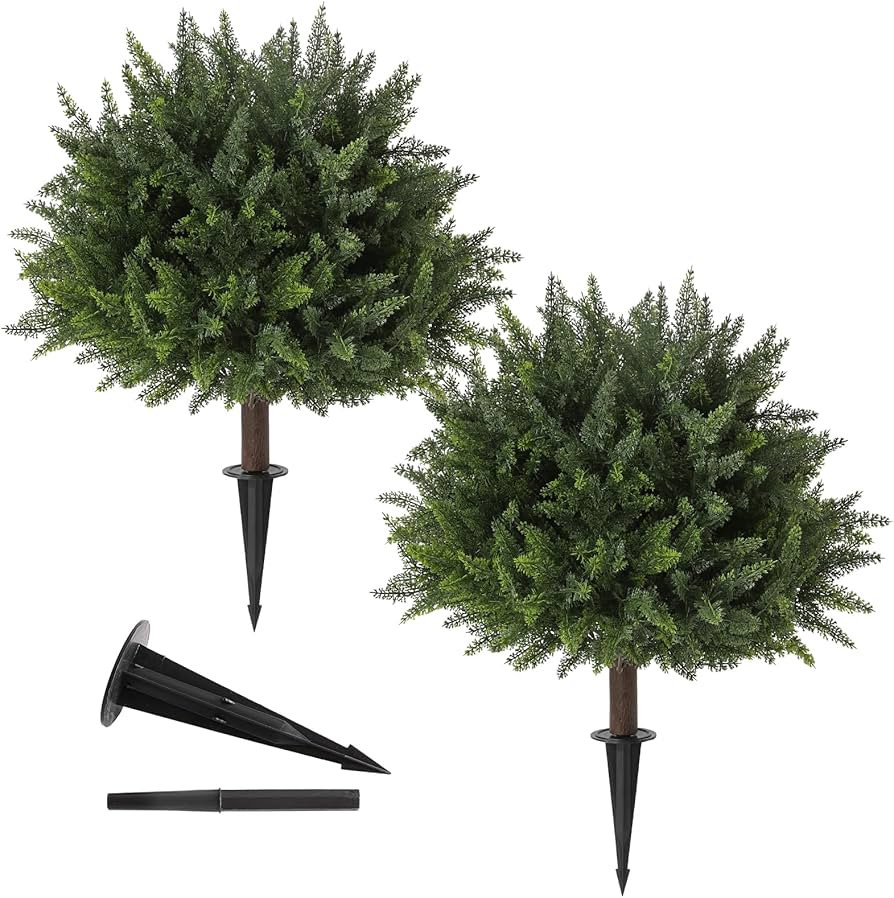 23.6Inch Artificial Cedar Topiary, 2 Pack UV Resistant Faux Evergreen Shrubs with Ground Spikes, ... | Amazon (US)