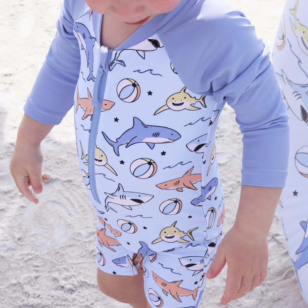 Long Sleeve Rash Guard Swim Romper Shortie | Shark Bait | Caden Lane