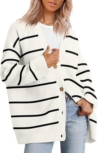 LILLUSORY Womens Open Front Lightweight Striped Cardigan Oversized Sweaters V Neck Knit Tops | Amazon (US)