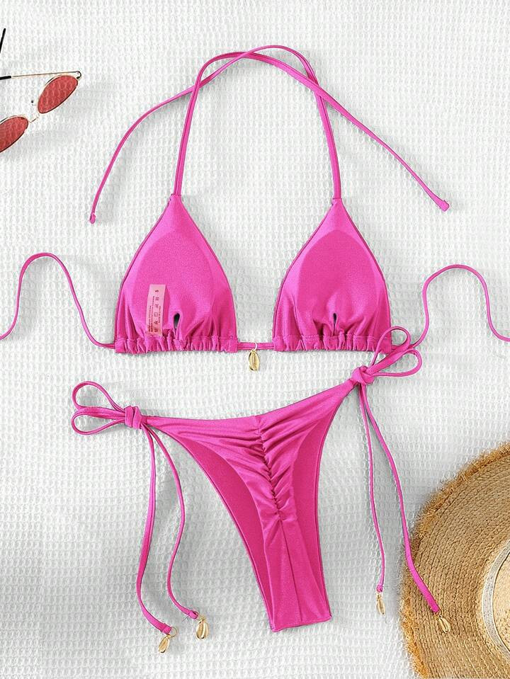 Swim Vcay Women's Solid Color Halter Halter Bikini Set For Summer Beach | SHEIN
