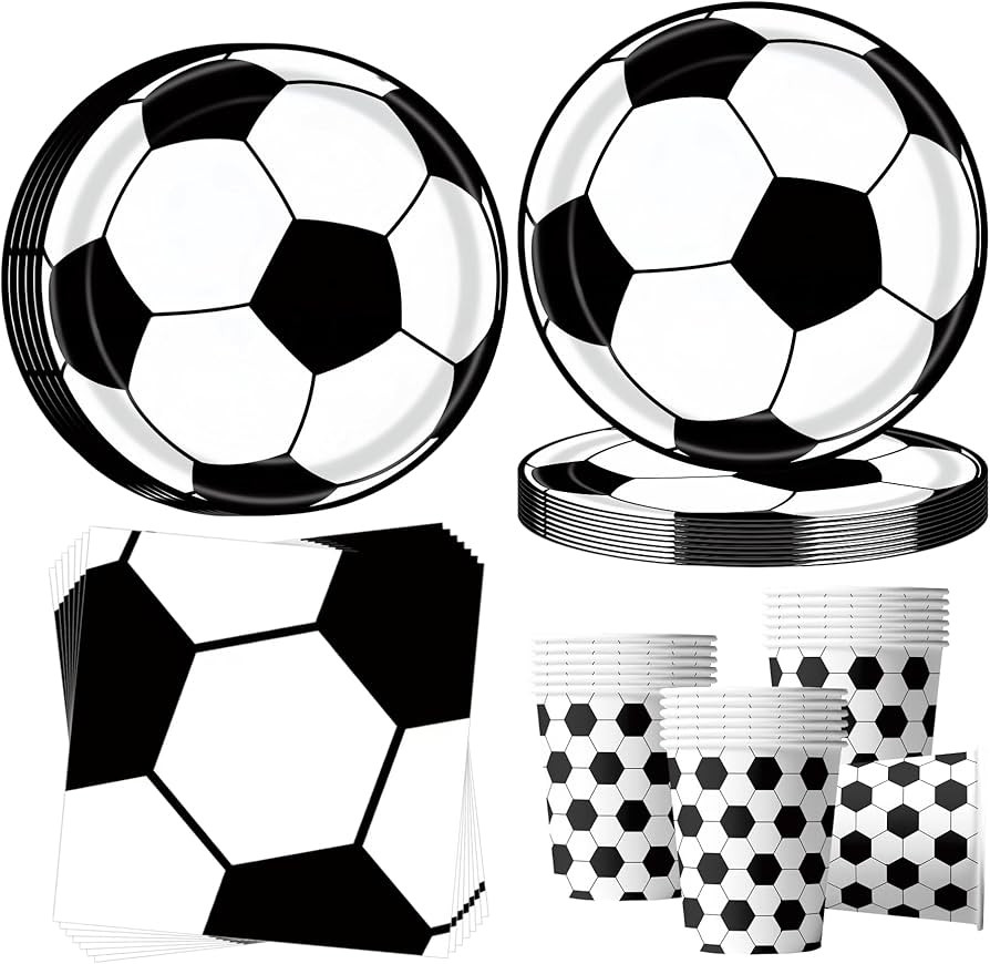 Vajilla de fiesta de fútbol para 16 invitados, Platos de fiesta de fútbol negros y blancos, Dec... | Amazon (ES)
