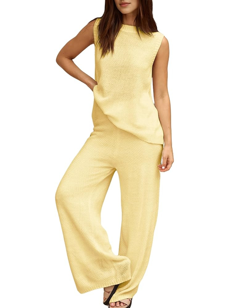 PUWEI Women's 2 Piece Lounge Set Bow Sweater Vest Wide Leg Pants Summer Matching Sets Travel Outf... | Amazon (US)