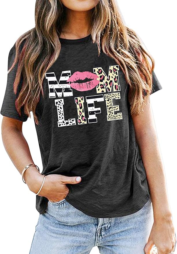 Women Mom Life T-Shirts Leopard Lips Stripe Graphic Shirts Funny Letter Printed Tee Tops Mother's... | Amazon (US)