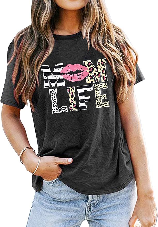 Women Mom Life T-Shirts Leopard Lips Stripe Graphic Shirts Funny Letter Printed Tee Tops Mother's... | Amazon (US)