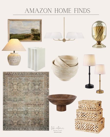 Amazon home finds 
Set of 3 rattan baskets / Loloi area rug / mango wood footed bowl / table lamp antique brass / smoke gray glass matched cloche / faux book stack / rustic farmhouse table lamp / mud pie paper bowl nested / mid century white linen chandelier / rustic farmhouse wall art 

#LTKHome