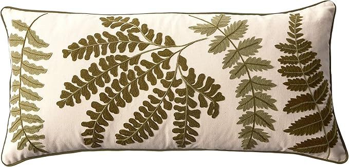 Creative Co-Op White Rectangle Cotton Pillow with Embroidered Green Ferns, 1 Count (Pack of 1) | Amazon (US)