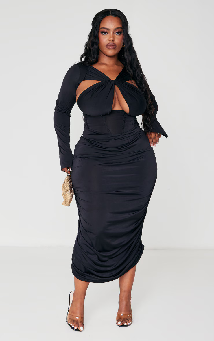 Plus Black Twist Front Corset Detail Slinky Bodycon Dress | PrettyLittleThing US