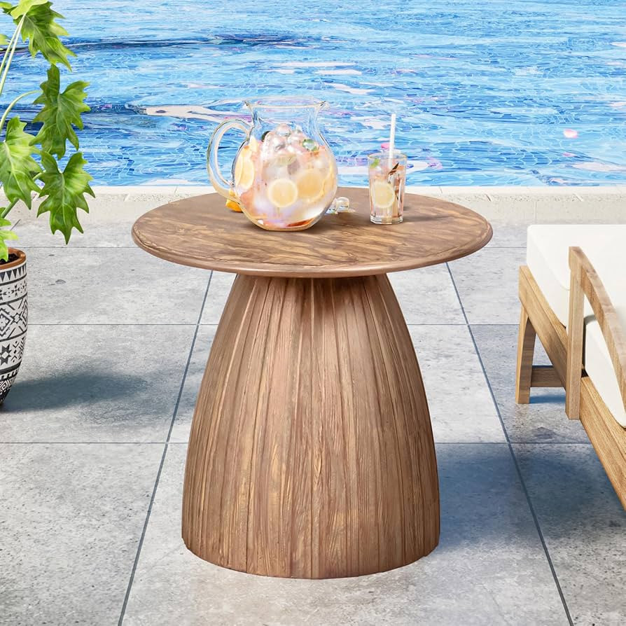 Metal Small Patio Table, Round Outdoor Side Table, Wood Color Outdoor Accent End Table, Patio Fur... | Amazon (US)