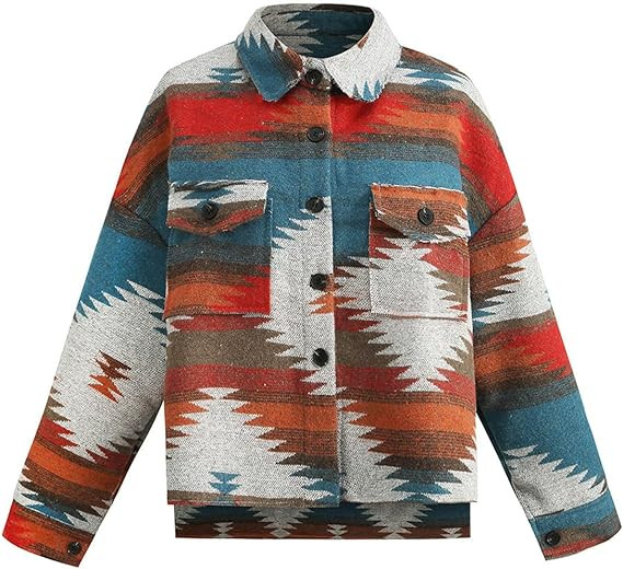 Women's Vintage Aztec Print Pattern Loose Shacket Button Down Long Sleeve Woolen Jacket Shirts Co... | Amazon (US)