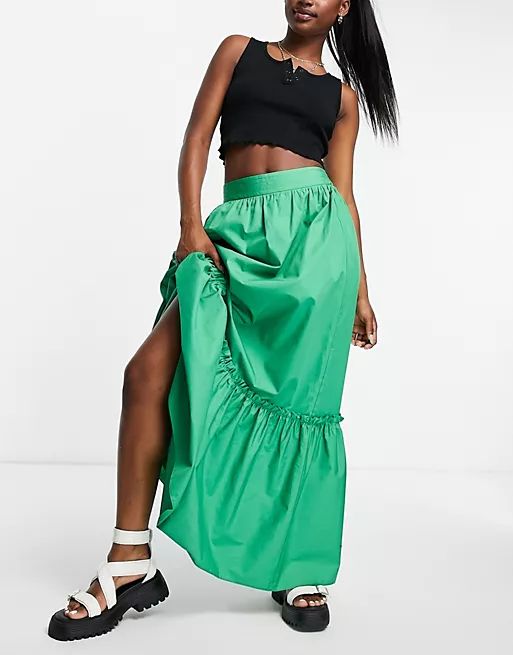 Topshop linen tiered maxi skirt in green - part of a set | ASOS | ASOS (Global)