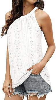 Zwurew Tank Top for Women Loose Fit High Neck Sleeveless Halter Tops Casual Pleated Eyelet Summer... | Amazon (US)