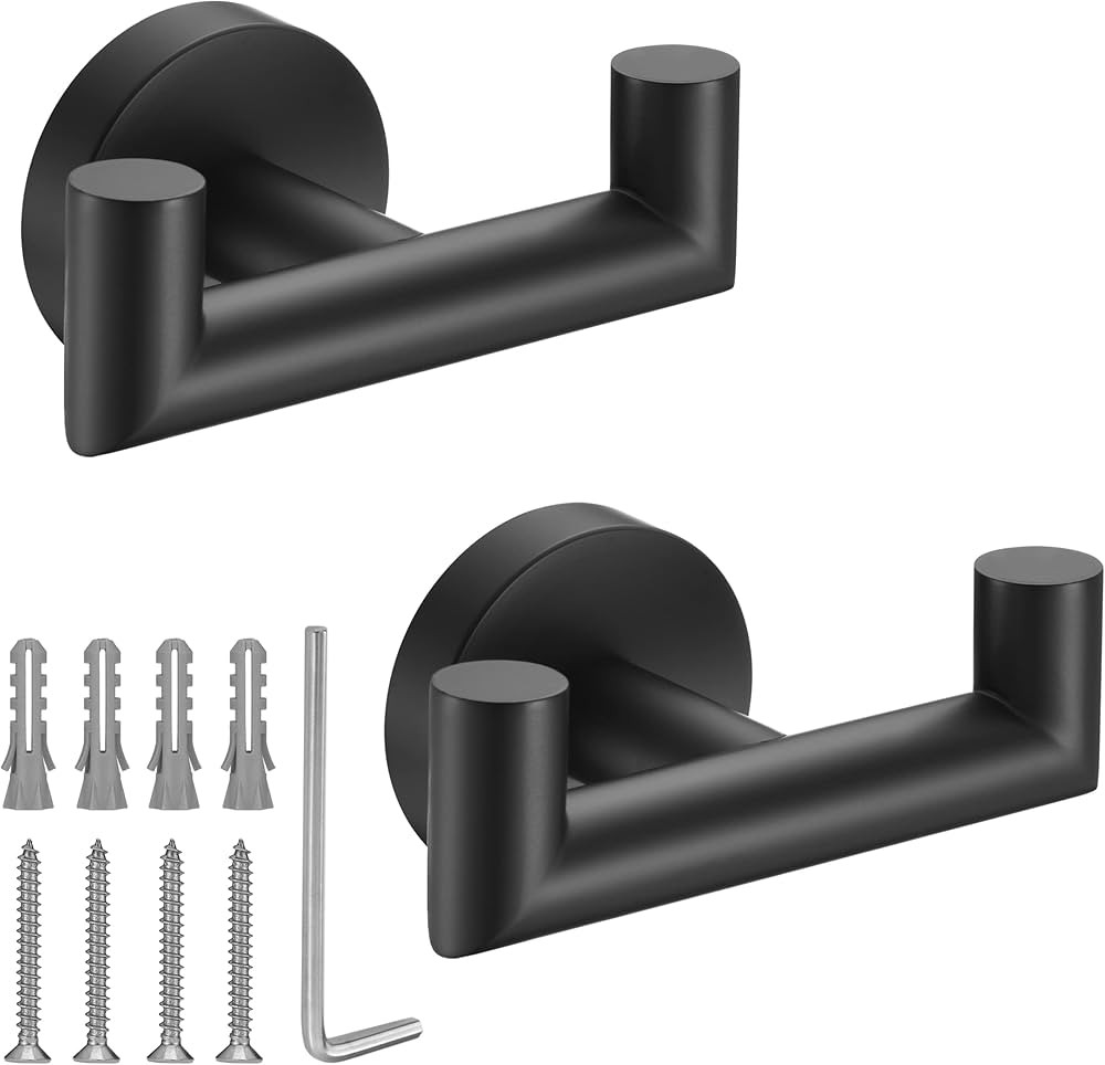 Towel Hooks for Bathrooms,Matte Black Towel Hook for Kitchen Bathroom,SUS304 Stainless Steel Coat Hook,Heavy Duty Double Towels Holder Hooks for Hanging Towels,Coats,sponges,Clothes,Wall Mount,2 Pack | Amazon (US)