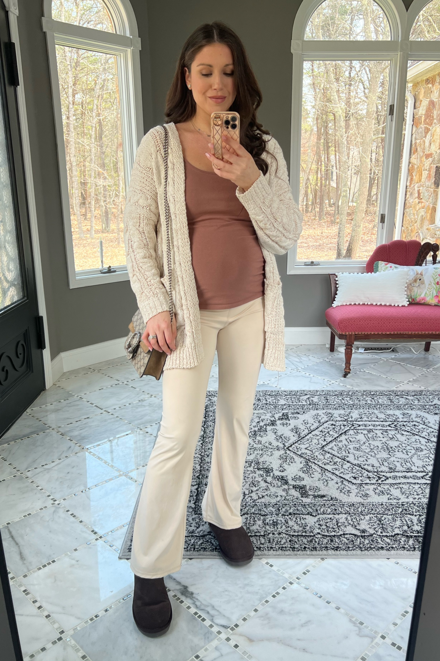 Ootd, pregnant, pregnancy ootd, neutral outfit, neutral wardrobe, neutrals, vanilla girl aesthetic, tan flare leggings, neutral tank tops, amazon fashion, pink lily sweater, white cardigan, cream cardigan, bump friendly clothes, bump friendly outfit ideas, brown boots, brown Uggs, Gucci bag, spring sweater, cream leggings, white leggings, tan leggings, flare leggings, pregnancy outfit ideas, second trimester, third trimester 

#LTKunder50 #LTKbump #LTKitbag