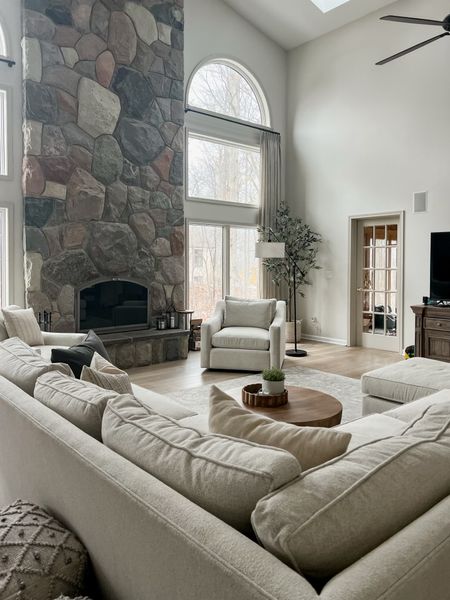 Living room furniture and decor sources linked for you! 
Modern farmhouse design and decor family room cozy fireplace
#arhaus #wayfair #behrpaint

#LTKhome #LTKFind