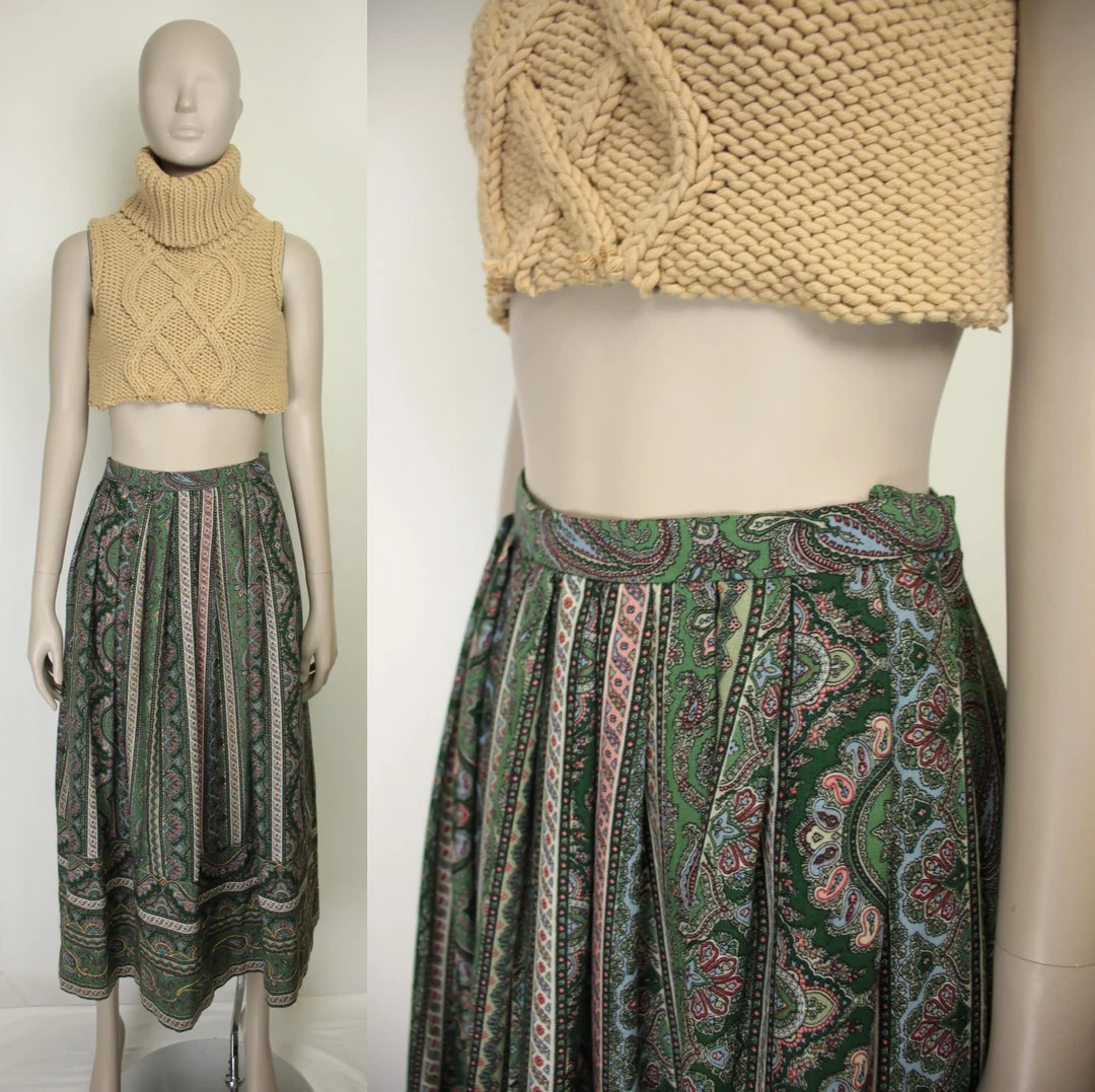 80s Helene Sidel Wool Skirt // Paisley Print // Gold Embroidery - Etsy | Etsy (US)
