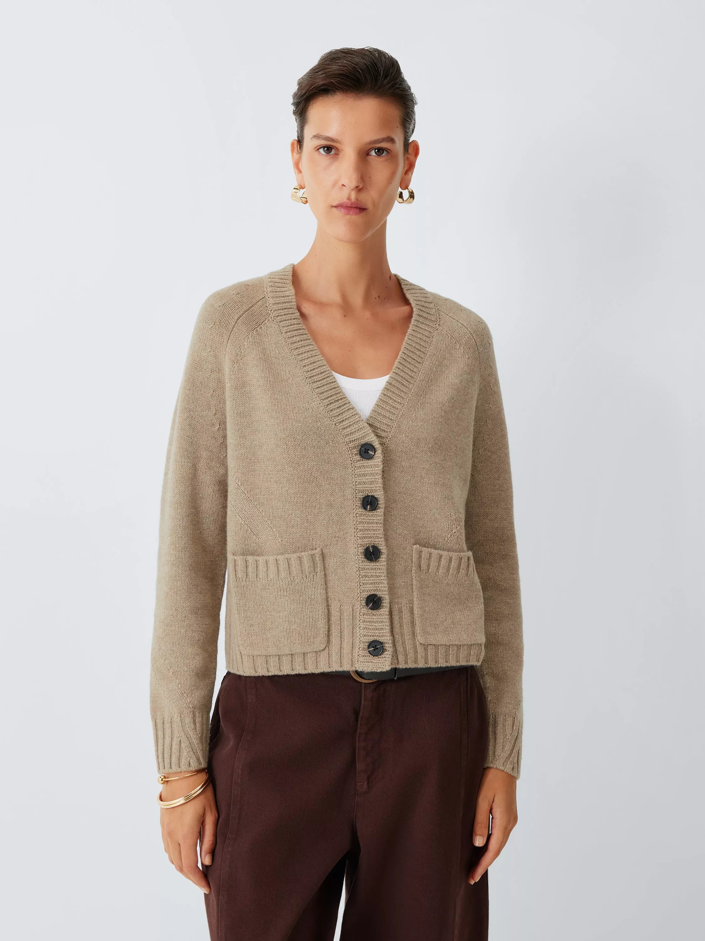 Merino Wool Blend V-Neck Cardigan, Taupe Marl | John Lewis (UK)