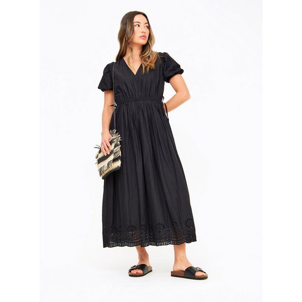 Buy Black Broderie Short Sleeve Midaxi Dress 10 | Dresses | Tu | Tu Clothing