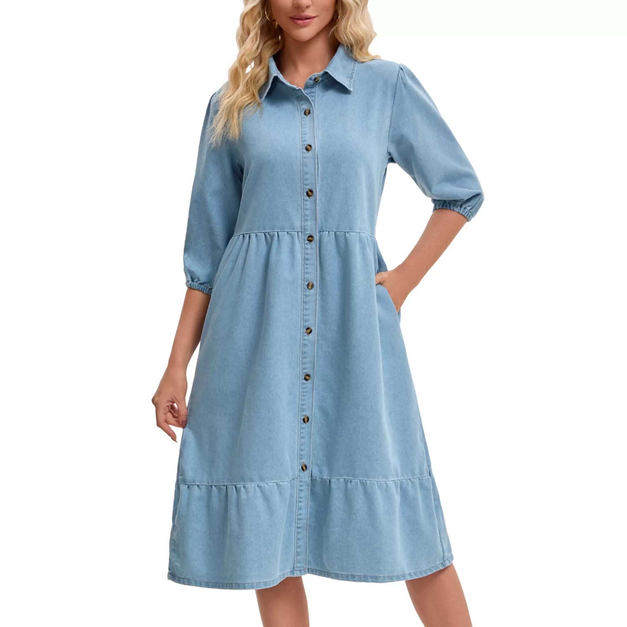 Women's Denim Dress Puffy 3/4 Sleeve Button Up Collar A Line Swing Ruffle Tiered Midi Jean Dresse... | Kohl's