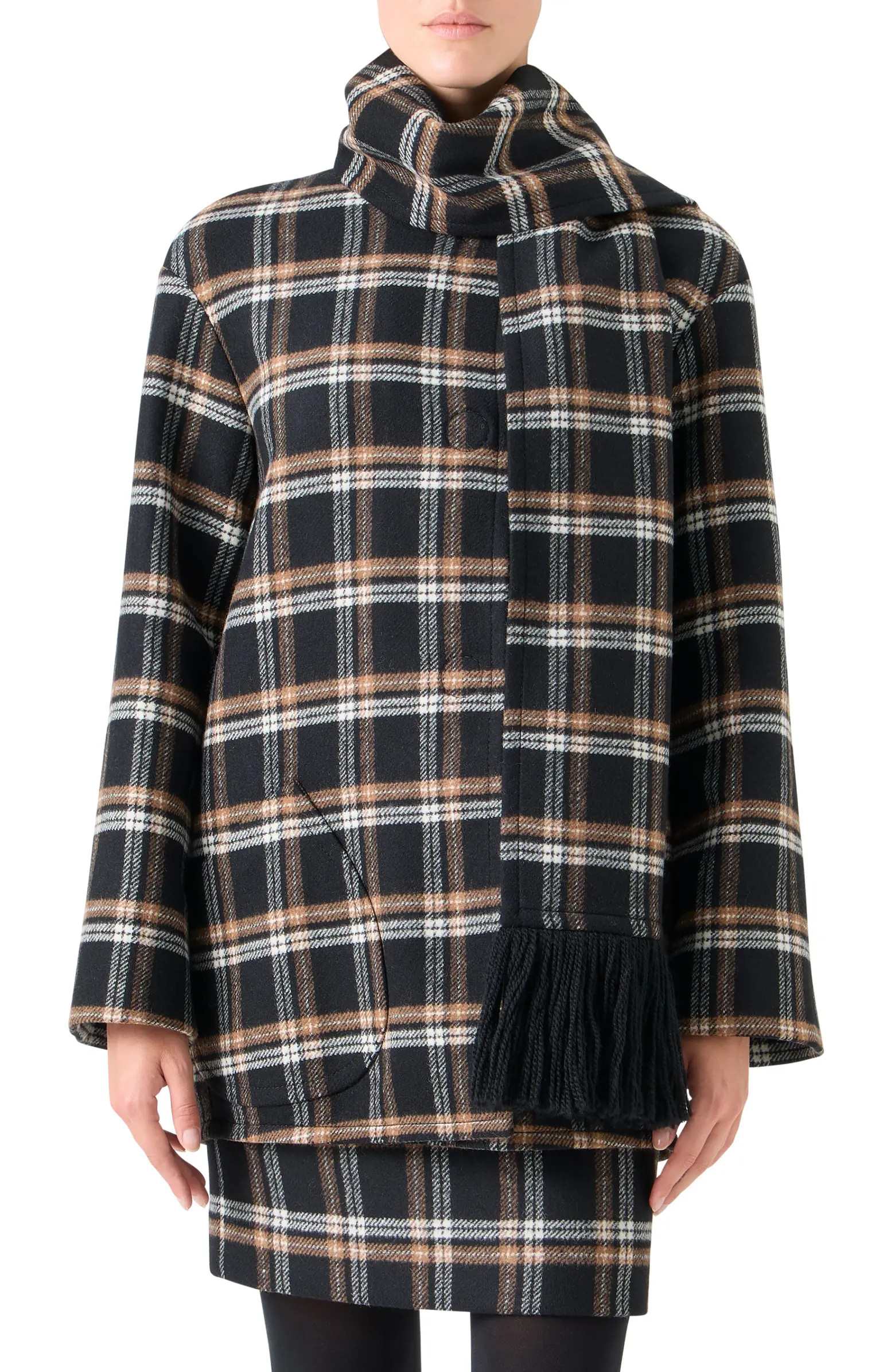 Plaid Double Face Wool Blend Jacket with Removable Scarf | Nordstrom