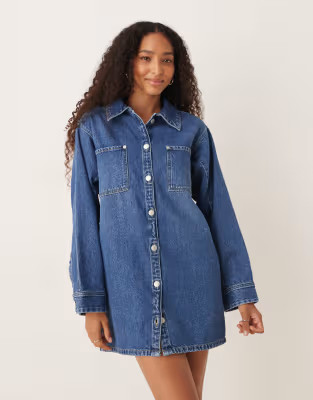 JJXX oversized long sleeve denim dress in mid blue wash | ASOS (Global)