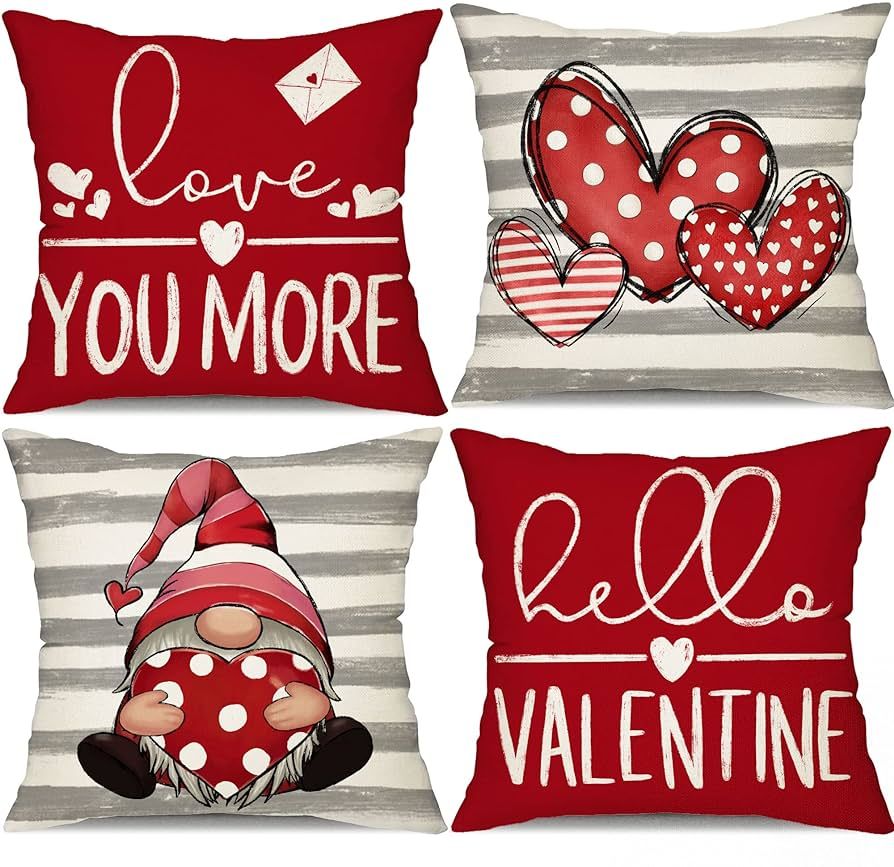 DFXSZ Valentines Day Pillow Covers 18x18 Inch Set of 4 Polka Dots Stripes Love Heart Gnomes Valen... | Amazon (US)