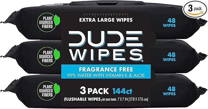 DUDE Wipes - Flushable Wipes - 3 Pack, 144 Wipes - Unscented Extra-Large Adult Wet Wipes - Vitami... | Amazon (US)