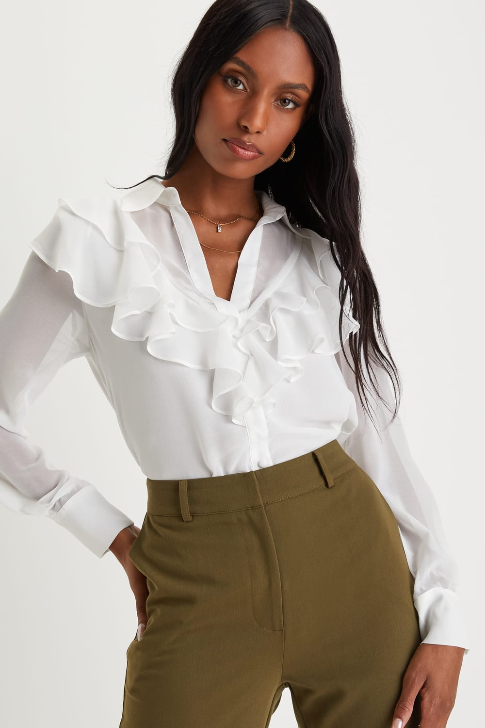 Decadent Attitude Ivory Chiffon Ruffled Button-Front Top | Lulus (US)