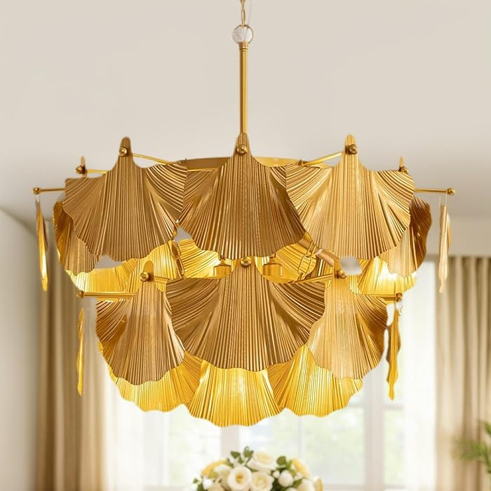 26" Gold Vintage Chandelier, 2-Tier Rustic Chandelier for Dining Room with Ginkgo Leaves, 9 Light... | Amazon (US)