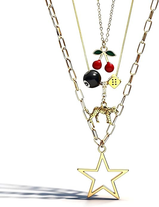Y2K Necklaces Jewelry Gold Cherry Necklaces for Women Chunky Charm Streetwear Star 8 Ball Stackab... | Amazon (US)