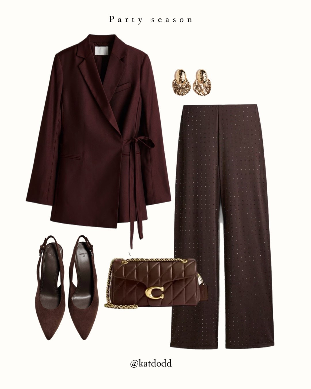 Party season is coming up and these trousers are PERFECT 🤍🤍🤍 girls night out Christmas party New Year’s Eve this type of outfit is perfect for all occasions!!! 🤍 love love love 

Brown jewelled trousers tie waisted blazer sling back brown heels coach tabby bag 

#LTKpartywear #LTKuk #LTKstyletip