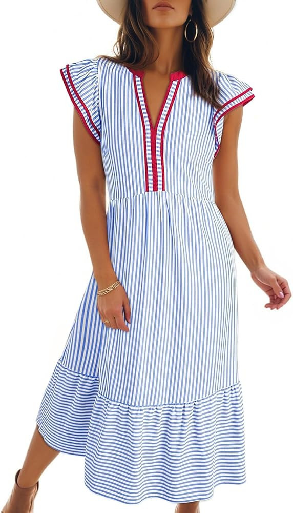 Dokotoo Womens Dresses 2026 Summer V-Neck Ruffle Cap Sleeve Empire Waist Flowy Striped Beach Midi... | Amazon (US)