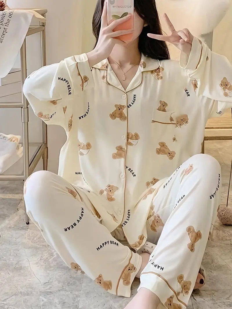 Cartoon Bear Print Pajama Set, Cute Lapel Long Sleeve Blouse Top & Elastic Waistband Pants, Women... | Temu Affiliate Program
