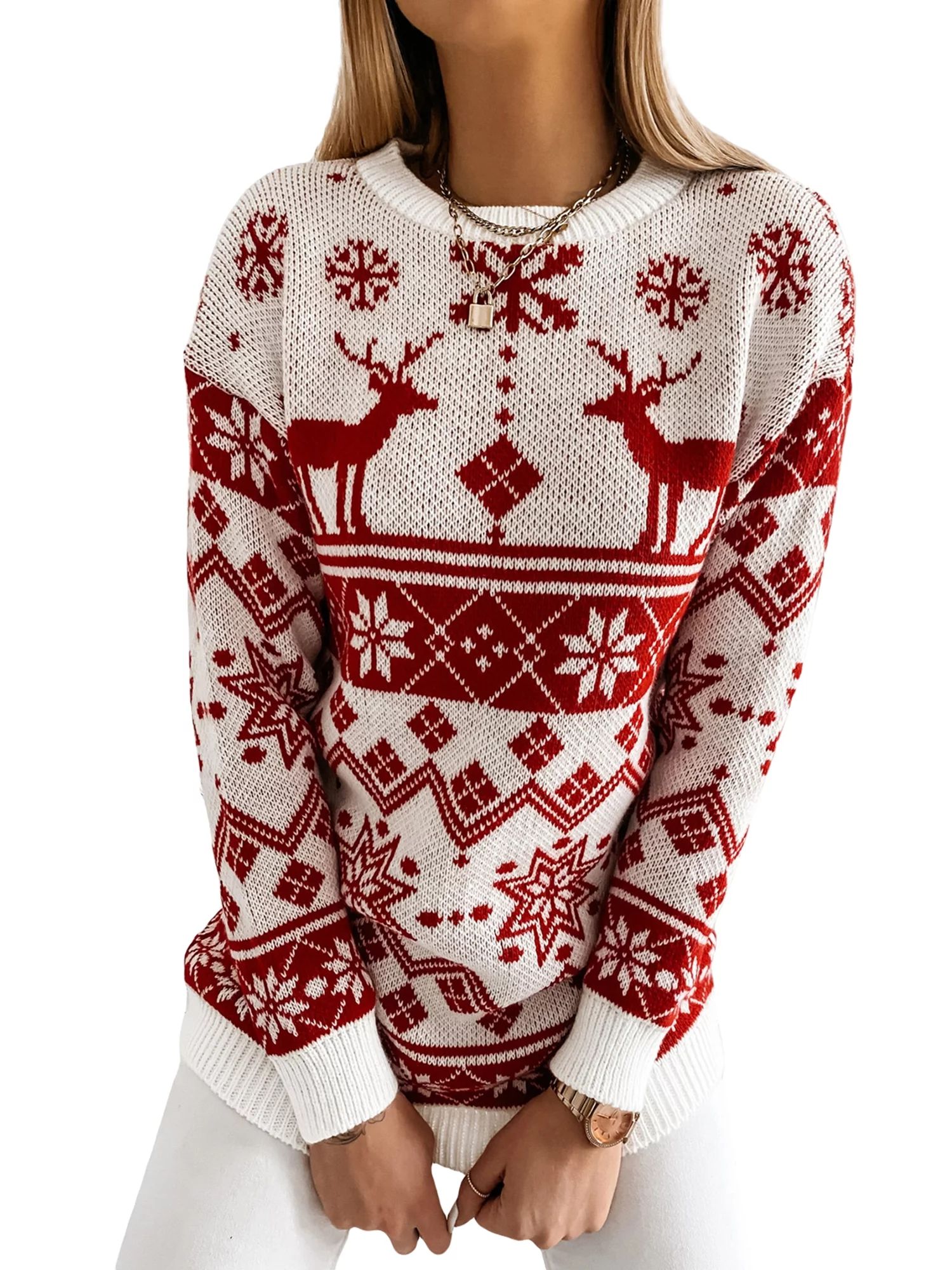 Sunisery Ugly Christmas Sweater for Women Elk Pattern Knitted Crewneck Pullover Tops Long Sleeve ... | Walmart (US)