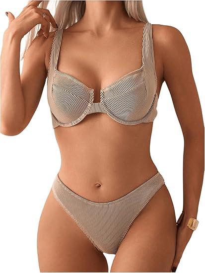 SweatyRocks Women's 2 Piece Bikini Set Striped Print Spaghetti Strap Push Up Swimsuit | Amazon (US)