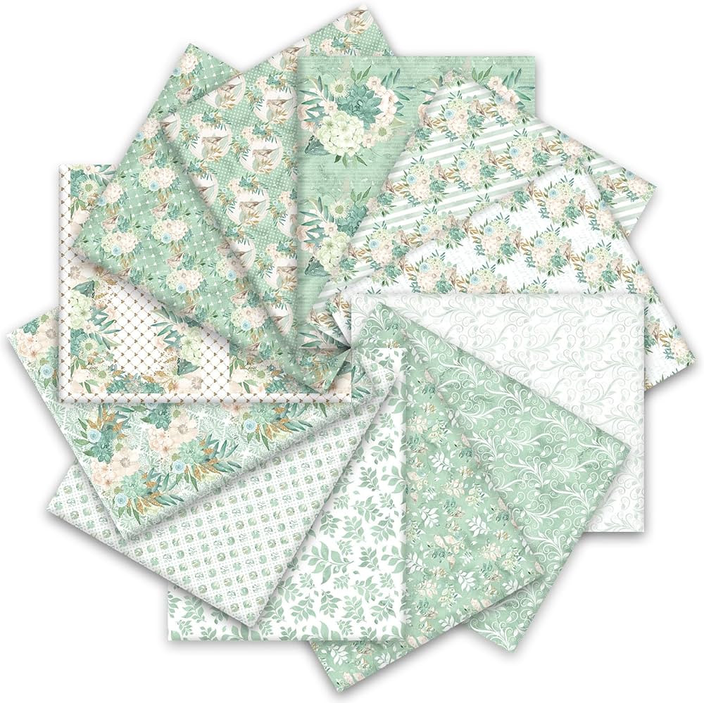 12Pcs Summer Green Floral Cotton Fabric Bundles 18 x 22 Inch Watercolor Greenery Flower Fat Quart... | Amazon (US)