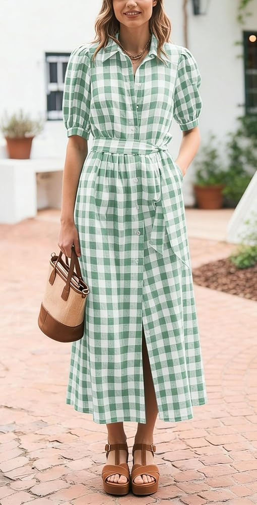 CHARTOU Women Summer Plaid Puff Short Sleeve Dress Button Down Long Shirt Dress with Belt | Amazon (US)