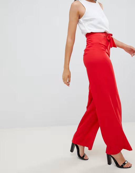 Miss Selfridge wide leg pants with tie waist in red | ASOS US